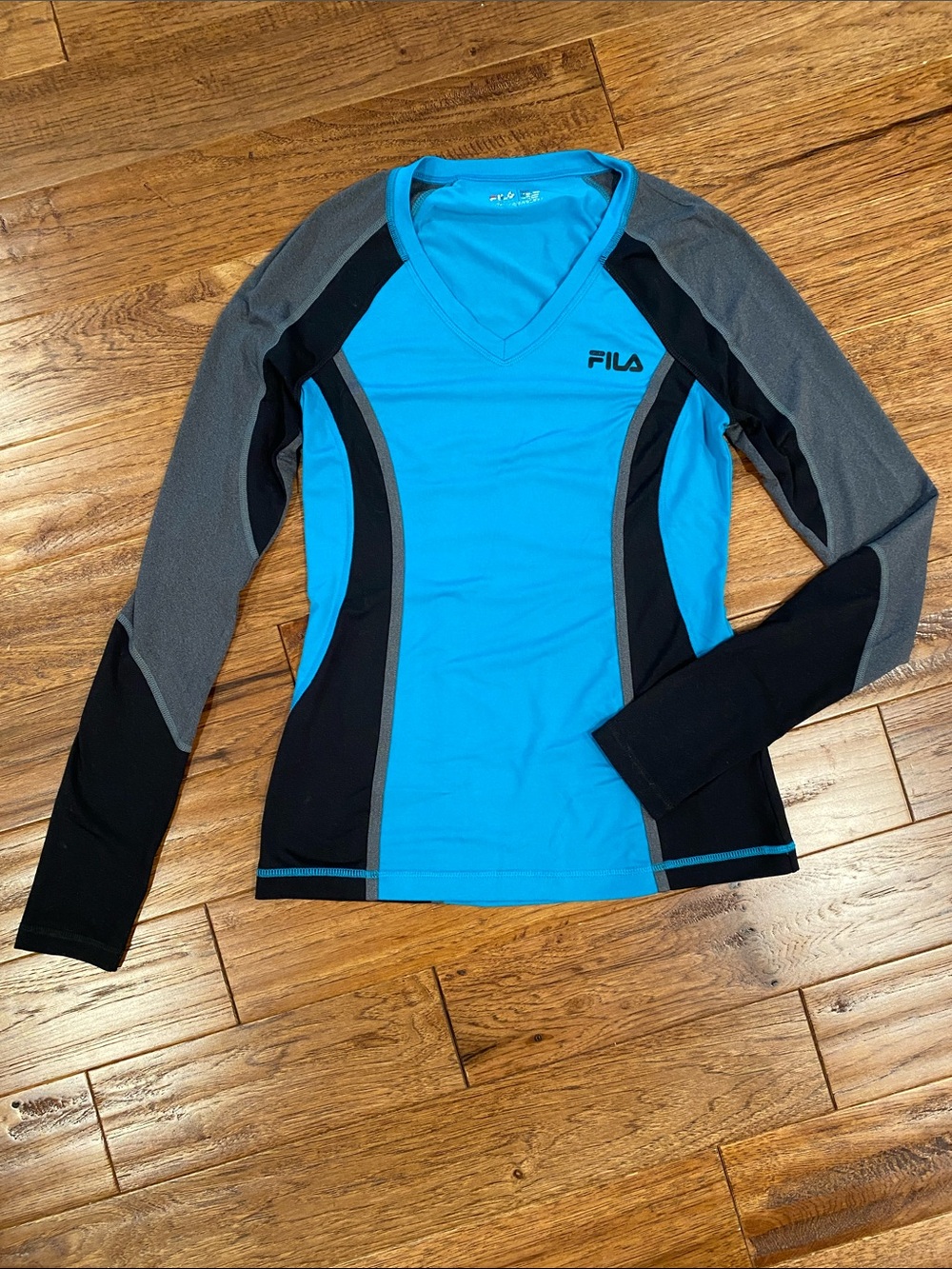 Fila Women’s Long-Sleeve V-Neck Athletic Top — Teal, Black, Gray